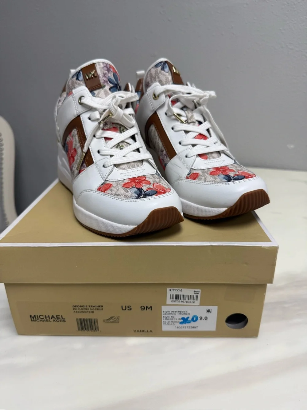 Michael Kors Georgie Trainer White Floral Wedge Sneakers with Brown Accents